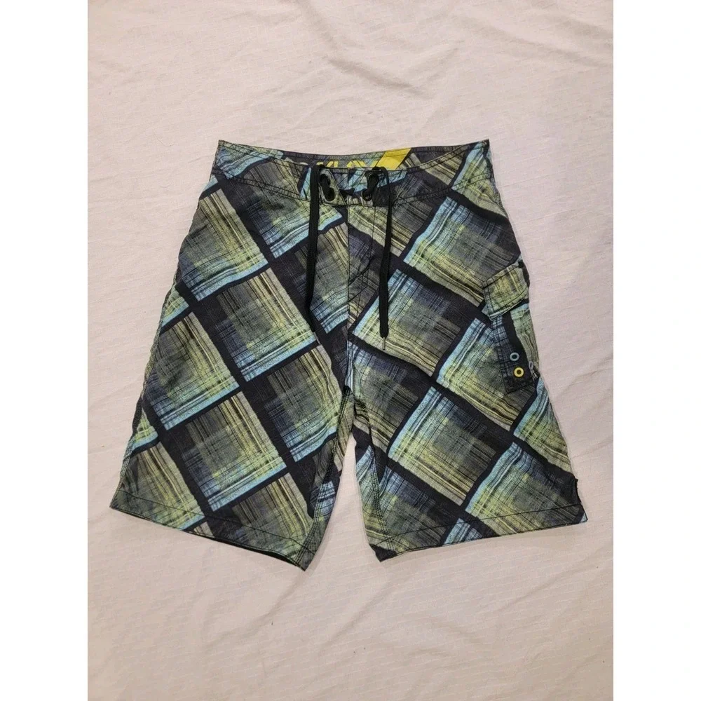 Oakley Board Shorts‎ Men 33 Plaid Geometric Surf Swim Trunks Y2K W/ Wax Comb